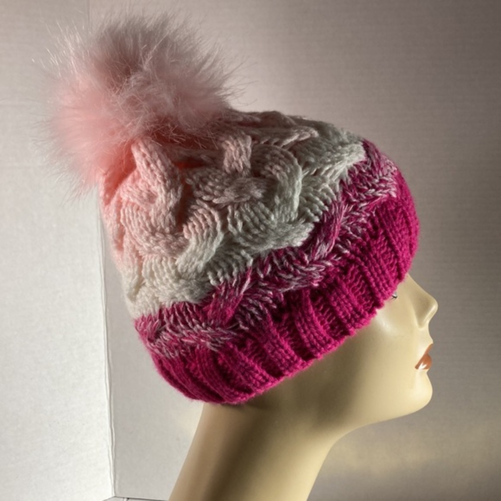 Girls Wonder Nation Pink Fleece Lined Knit Faux Fur Pom Hat